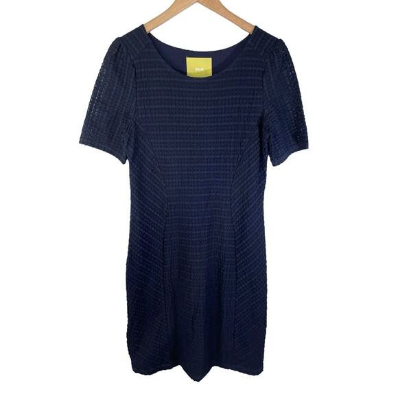 Anthropologie Maeve Womens Seersucker Textured Short Sleeve Work Dress Navy Blue - Picture 2 of 10